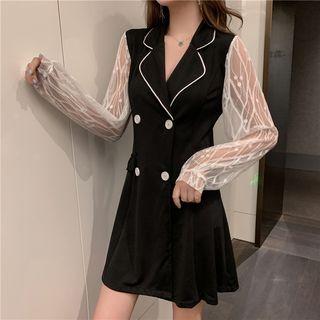 Long-sleeve Button Mesh Panel Mini A-line Dress