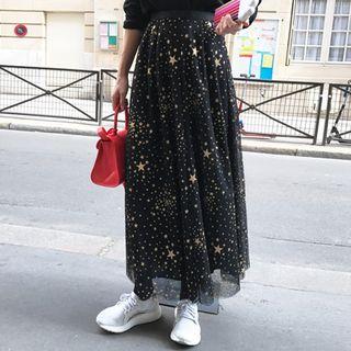 Star Print A-line Maxi Mesh Skirt