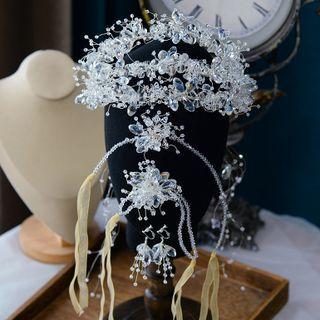 Set: Wedding Faux Crystal Headband + Dangle Earring Set - White - One Size