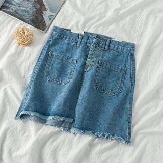 Front Pocket Fray Hem Denim Mini Skirt