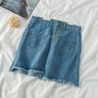 Front Pocket Fray Hem Denim Mini Skirt