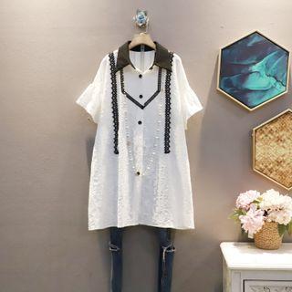 Short-sleeve Color Block Lace Embossed Dress