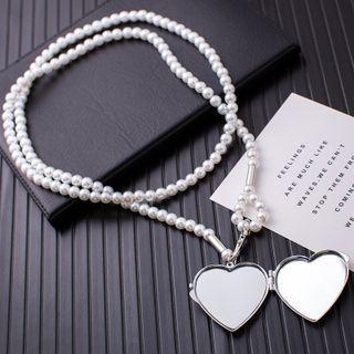Heart Mirrored Pendant Faux Pearl Necklace Silver - One Size