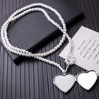 Heart Mirrored Pendant Faux Pearl Necklace Silver - One Size