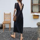 Short-sleeve Open Back A-line Midi Dress Black - One Size