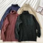 Plain High-waist Turtle-neck Long-sleeve Sweater