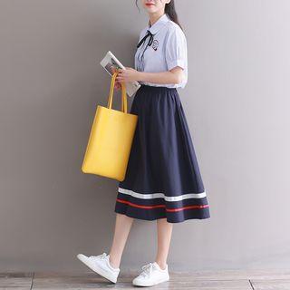 Set: Tie Neck Short-sleeve Shirt + Midi A-line Skirt