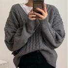 Long-sleeve V-neck Cable-knit Sweater