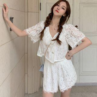 Set: Lace Short-sleeve Double Breasted Top + Shorts