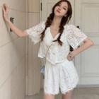 Set: Lace Short-sleeve Double Breasted Top + Shorts