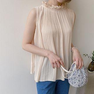 Sleeveless Frilled-neck Pleated Top