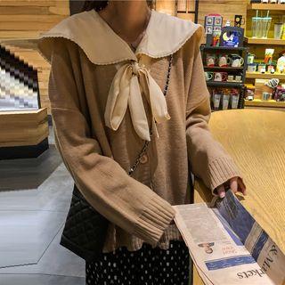 Tie-neck Shirt / V-neck Cardigan / Dotted Midi Skirt