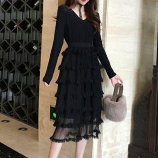 Long-sleeve Lace Trim Midi Mesh Layered Dress