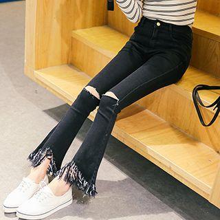 Distressed Fray Boot-cut Jeans
