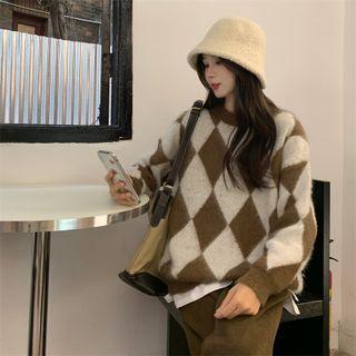 Long-sleeve Round-neck Argyle Sweater Coffee - One Size
