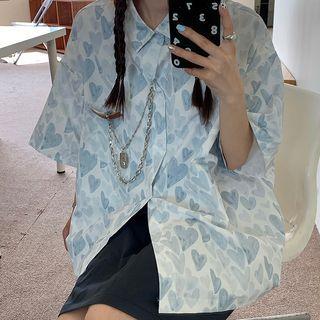 Elbow-sleeve Heart Print Chain Strap Shirt
