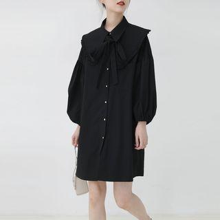 Long-sleeve Tie-neck Frill Trim A-line Mini Shirtdress