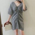 3/4-sleeve Crinkled Plaid Mini Dress