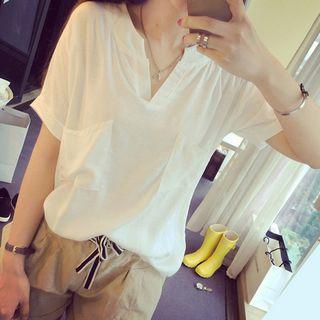 Plain Split Neck Short Sleeve Blouse