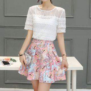 Set: Crochet Lace Panel Short-sleeve Top + Floral Print A-line Skirt