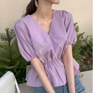 V-neck Short-sleeve Peplum Blouse