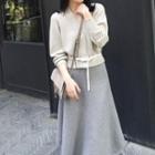 Set: Belted V-neck Sweater + Plain Midi A-line Skirt