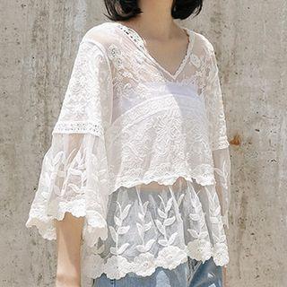 V-neck Lace Chiffon Short-sleeve Top