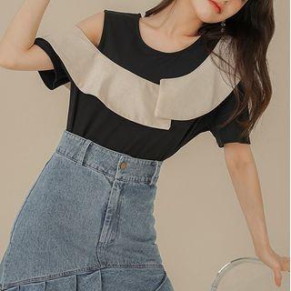 Short-sleeve Cold Shoulder Two-tone Blouse
