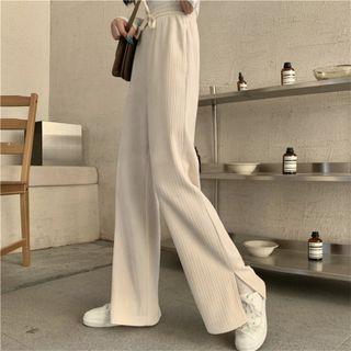 High-waist Plain Ribbed Straight-cut Pants