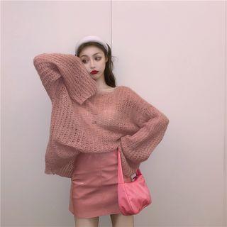 Crew-neck Sweater / Faux-leather A-line Skirt