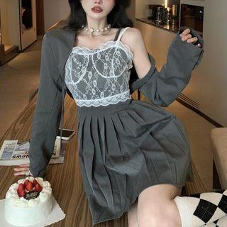 Lace Camisole Top / Pleated Overall Dress / Crop Blazer / Set