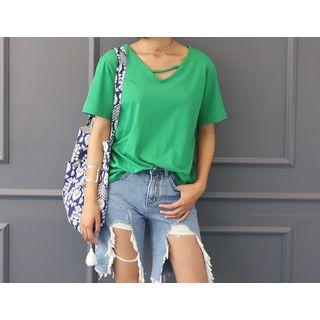 Strap-trim V-neck Short-sleeve T-shirt