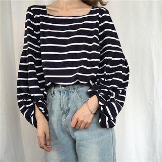 Long-sleeve Square-neck Striped Top Stripe - One Size