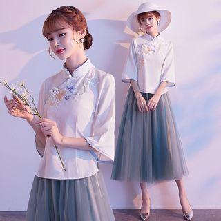 Traditional Chinese 3/4-sleeve Embroidered Flower Mesh Paneled A-line Midi Dress