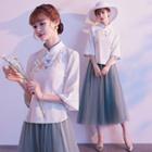 Traditional Chinese 3/4-sleeve Embroidered Flower Mesh Paneled A-line Midi Dress