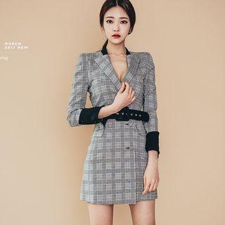 Double-breasted Plaid Long-sleeve Blazer Dress With Belt