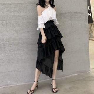 Ruffled Halter Top / Layered Asymmetric A-line Skirt