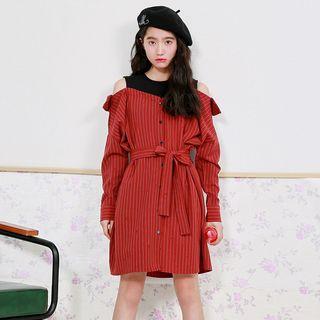 Mock Two Piece Panel Striped Shirtdress