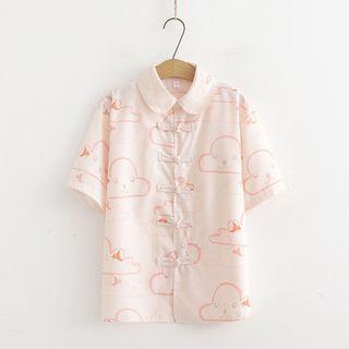 Short-sleeve Frog Buttoned Shirt Light Pink - One Size
