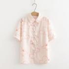 Short-sleeve Frog Buttoned Shirt Light Pink - One Size