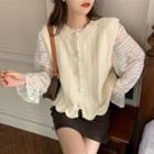 Puff-sleeve Lace Blouse / Cable Knit Vest
