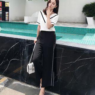 Set: Contrast Trim Elbow-sleeve Blouse + Wide-leg Pants