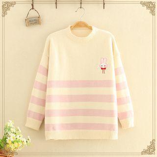 Round-neck Rabbit Printed Pinstripe Knitted Sweater