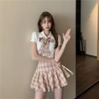 Cropped Collared T-shirt (with Long Bow Tie) / High-waist Plaid Pleated Skirt