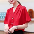 Faux Pearl Button Short-sleeve V-neck Blouse