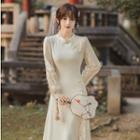 Long-sleeve Frog Button Lace Panel Midi A-line Dress
