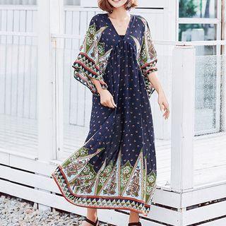 Printed 3/4-sleeve Maxi Chiffon Dress