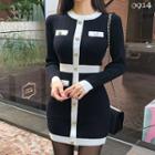 Long-sleeve Contrast Stripe Knit Mini Bodycon Dress Black & White - One Size