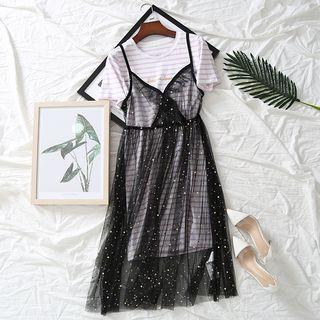 Set: Striped T-shirt Dress + Mesh Dress