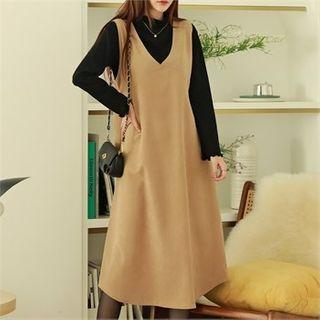 Set: Mockneck Lettuce-edge Top + Flared Long Pinafore Dress Charcoal Gray - One Size